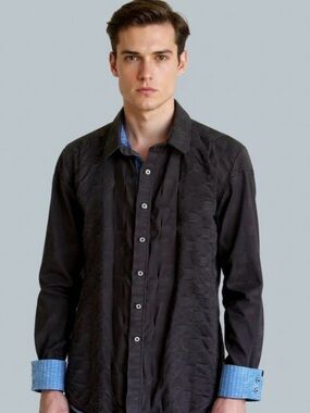 Robert Graham Textured Black Shirt Mens XL Button Up Long Sleeve Blue Flip Cuff